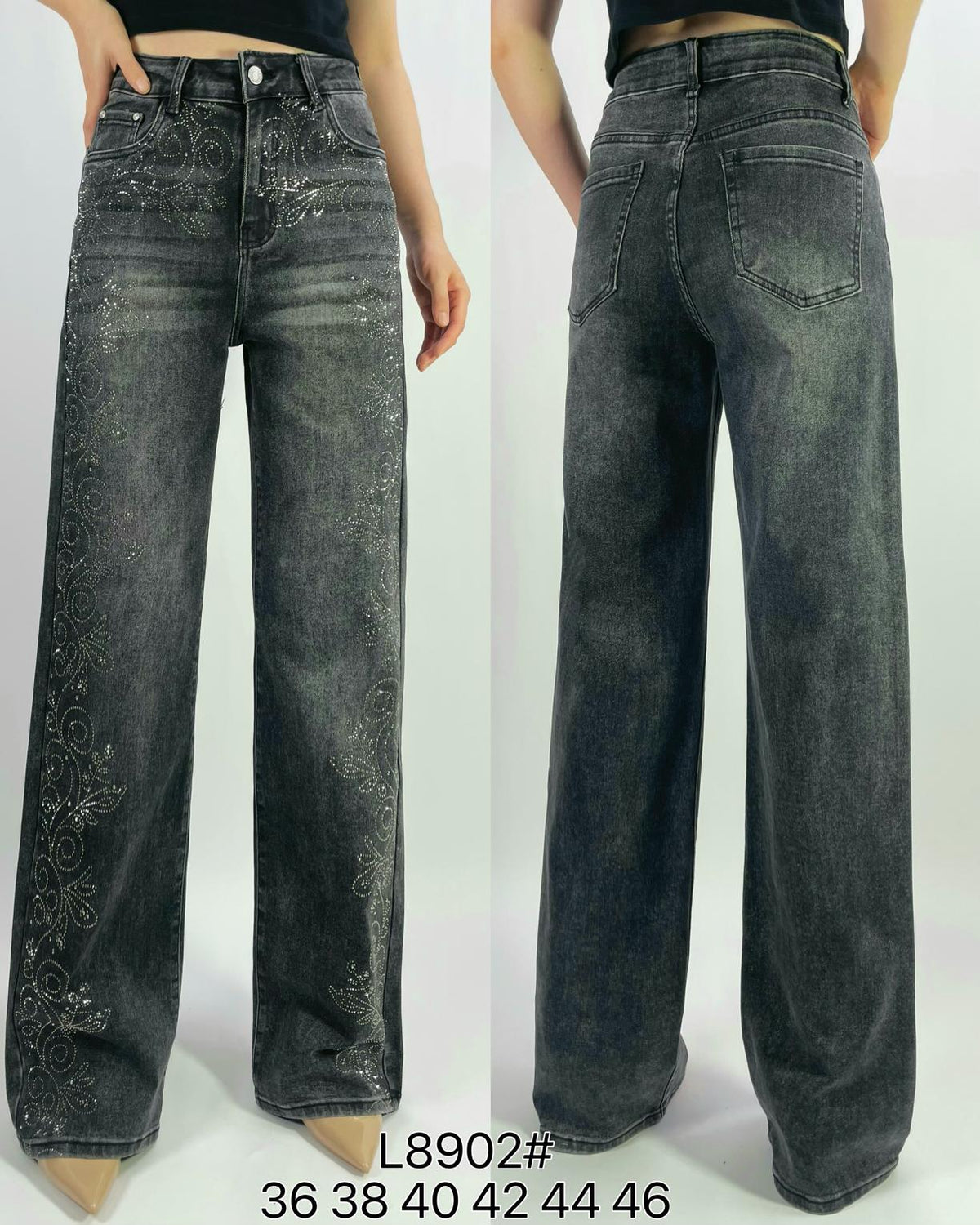 Jean premium coupe droite stretch avec strass fleuri T36-T46
