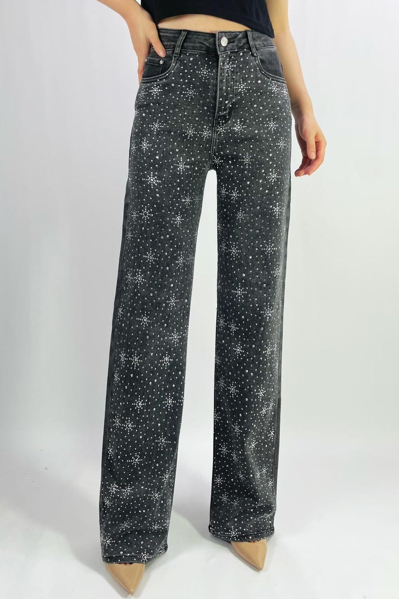 Jean premium coupe droite stretch avec strass fleurie T36-T46