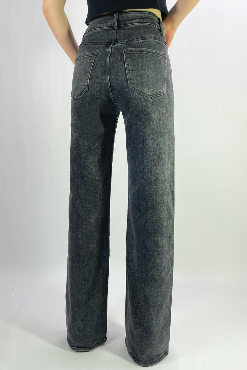 Jean premium coupe droite stretch avec strass fleurie T36-T46