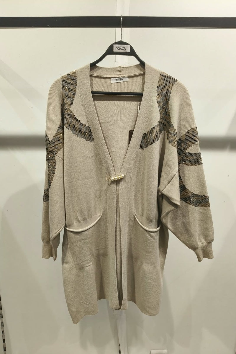 Gilet long à motif strass élégant avec poches et broche