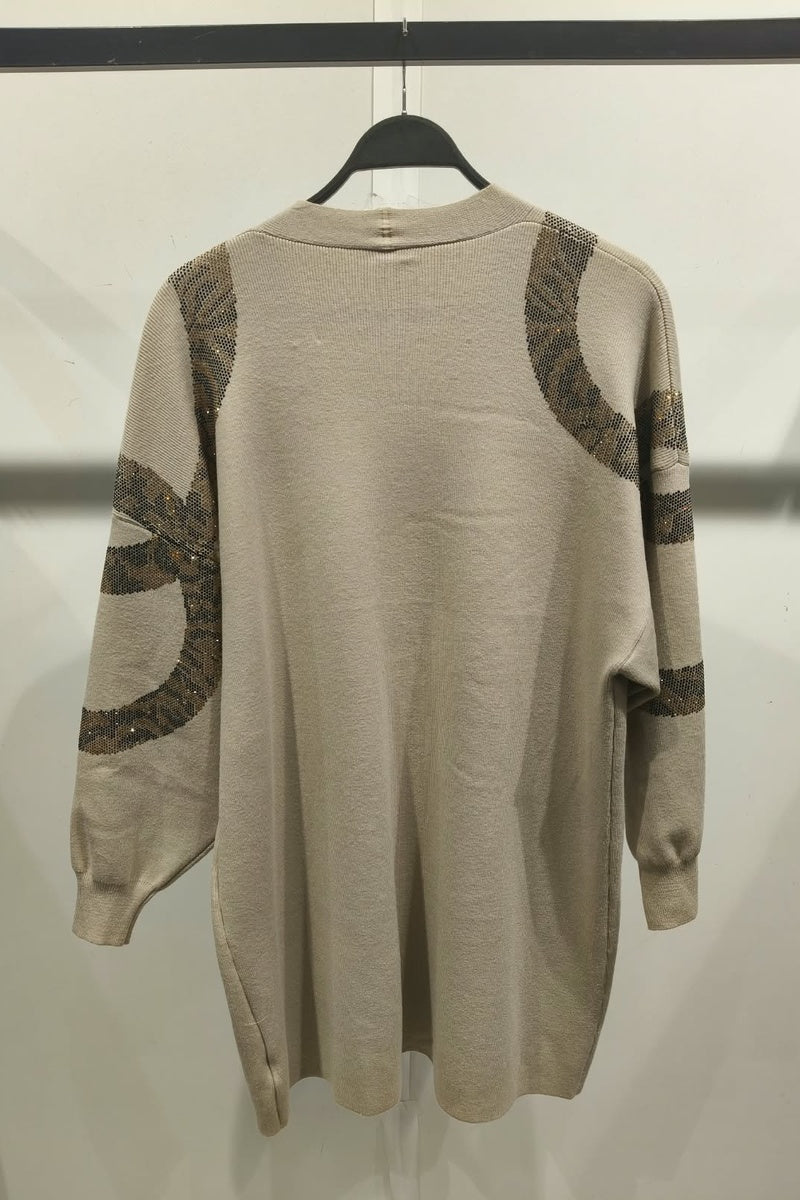Gilet long à motif strass élégant avec poches et broche