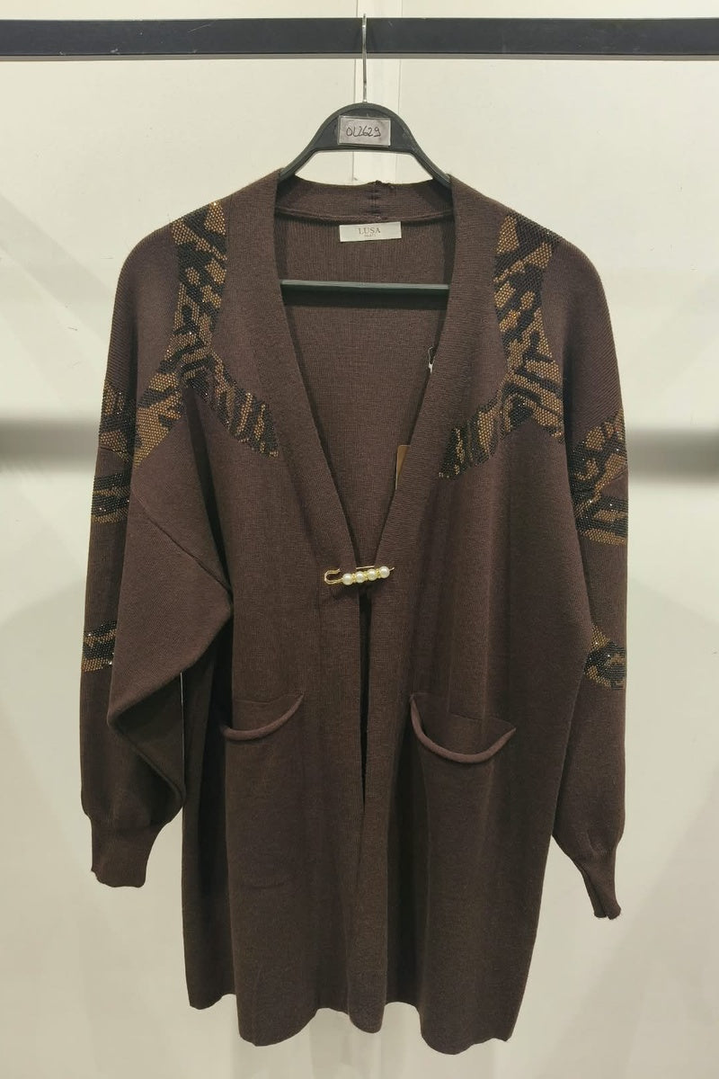 Gilet long à motif strass élégant avec poches et broche