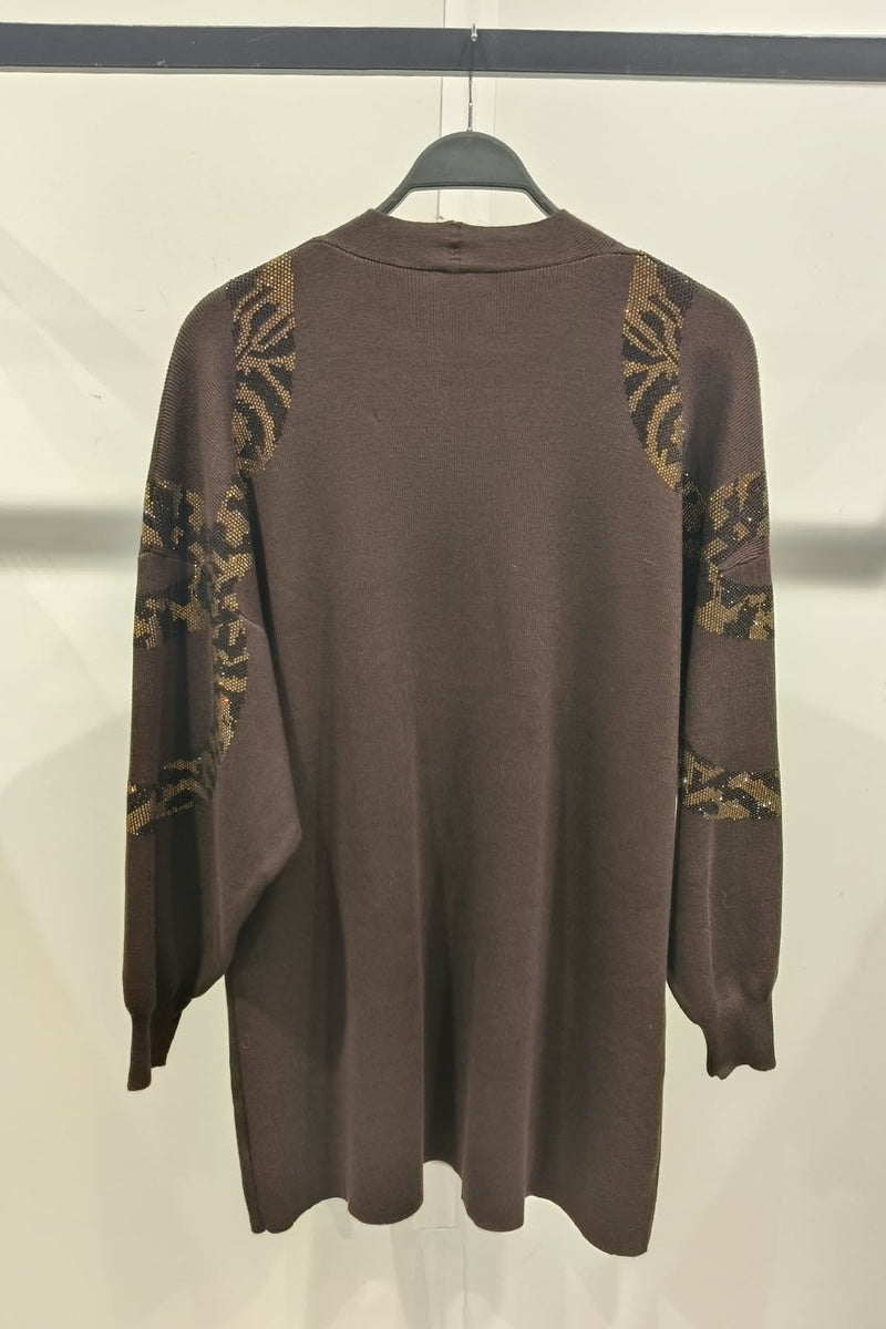 Gilet long à motif strass élégant avec poches et broche