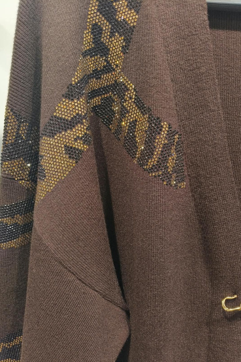 Gilet long à motif strass élégant avec poches et broche