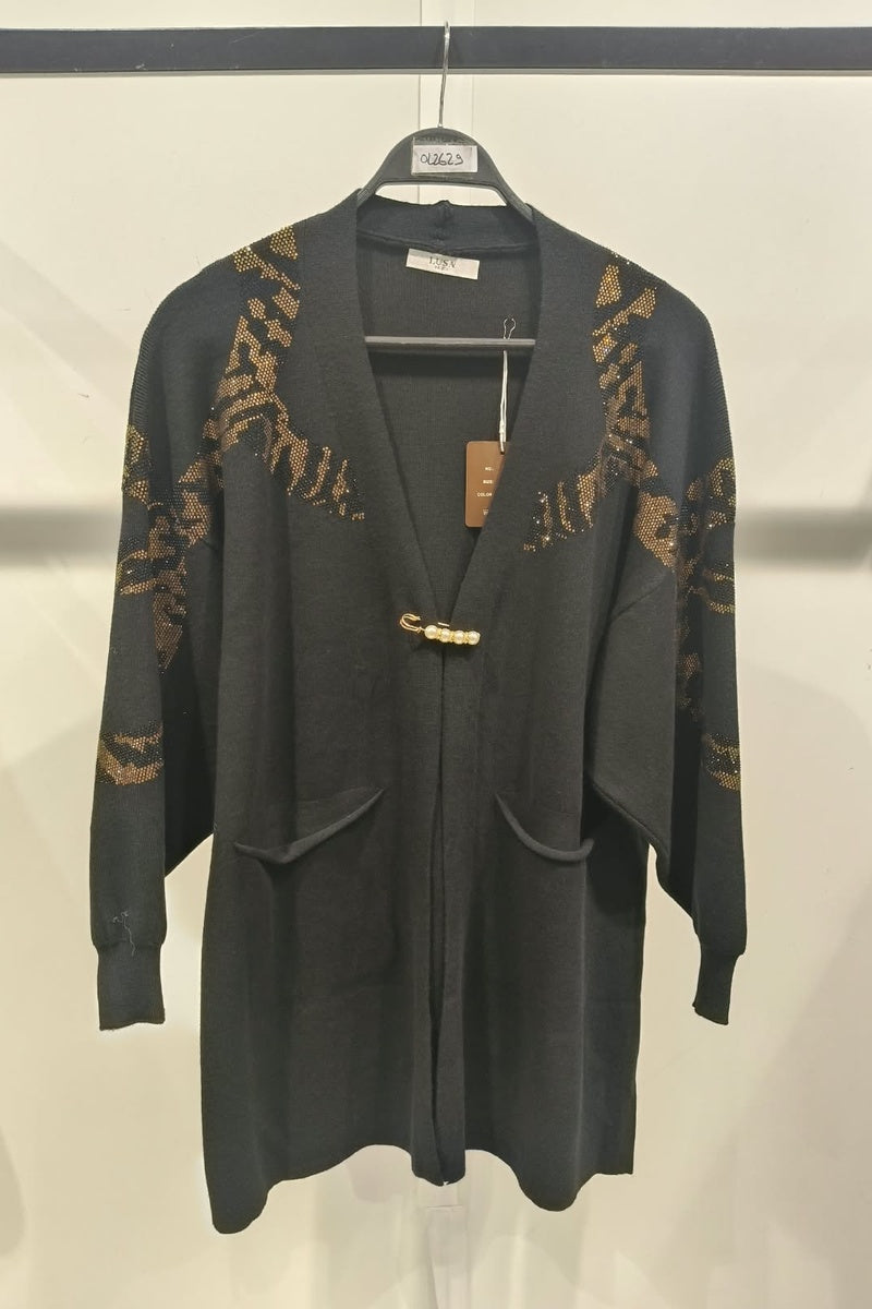 Gilet long à motif strass élégant avec poches et broche