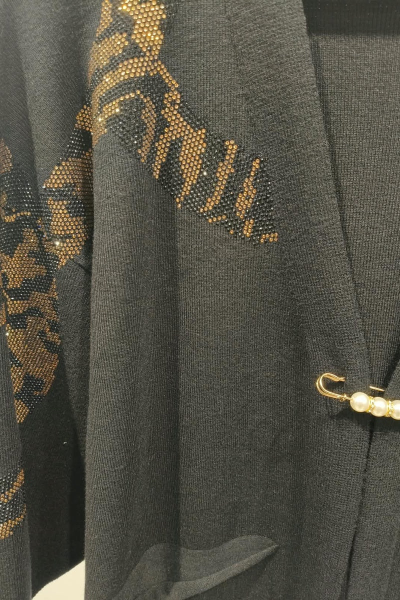Gilet long à motif strass élégant avec poches et broche