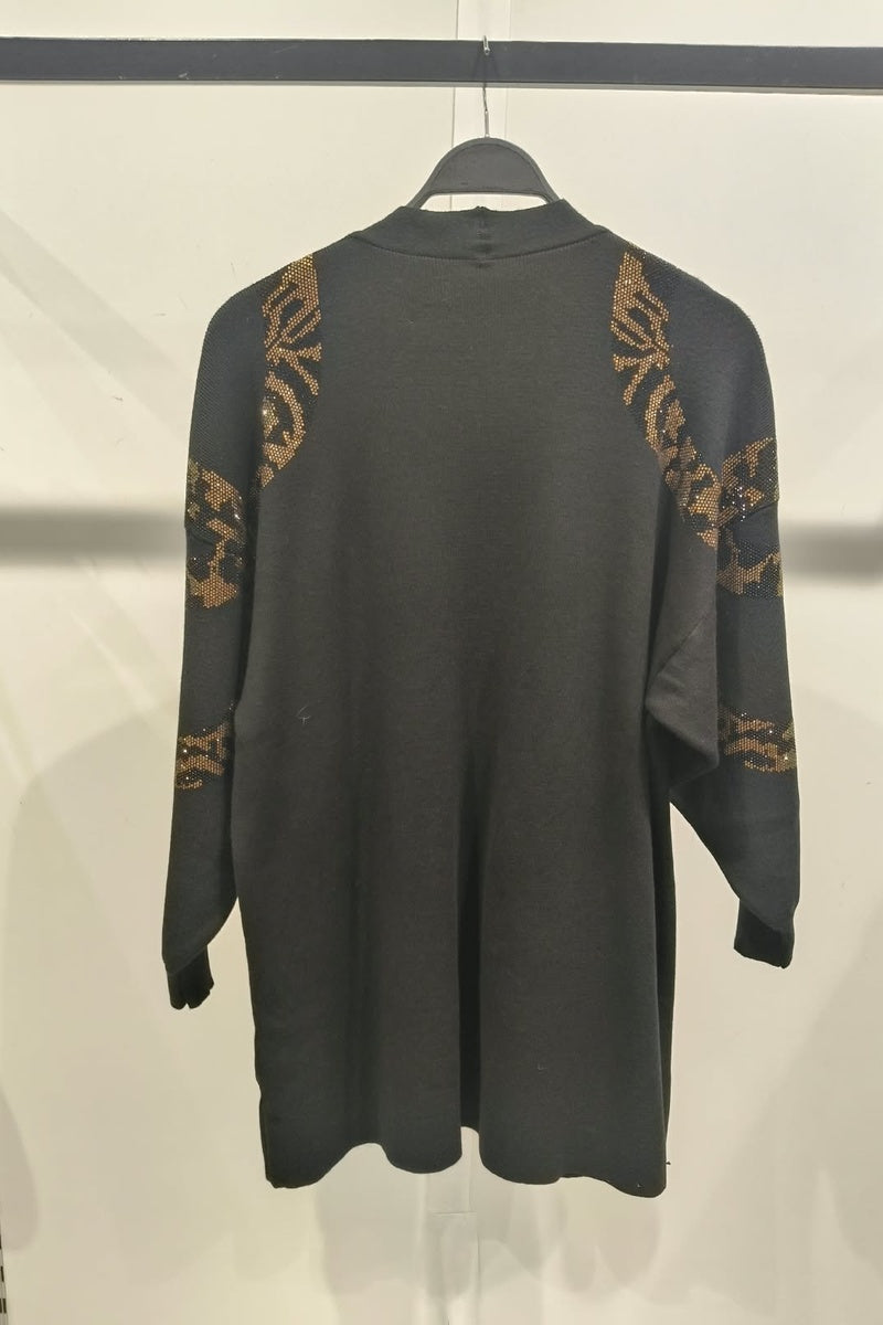 Gilet long à motif strass élégant avec poches et broche