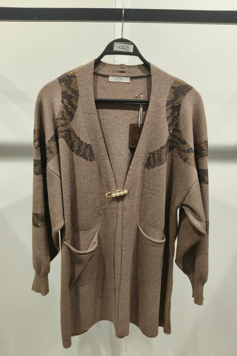 Gilet long à motif strass élégant avec poches et broche