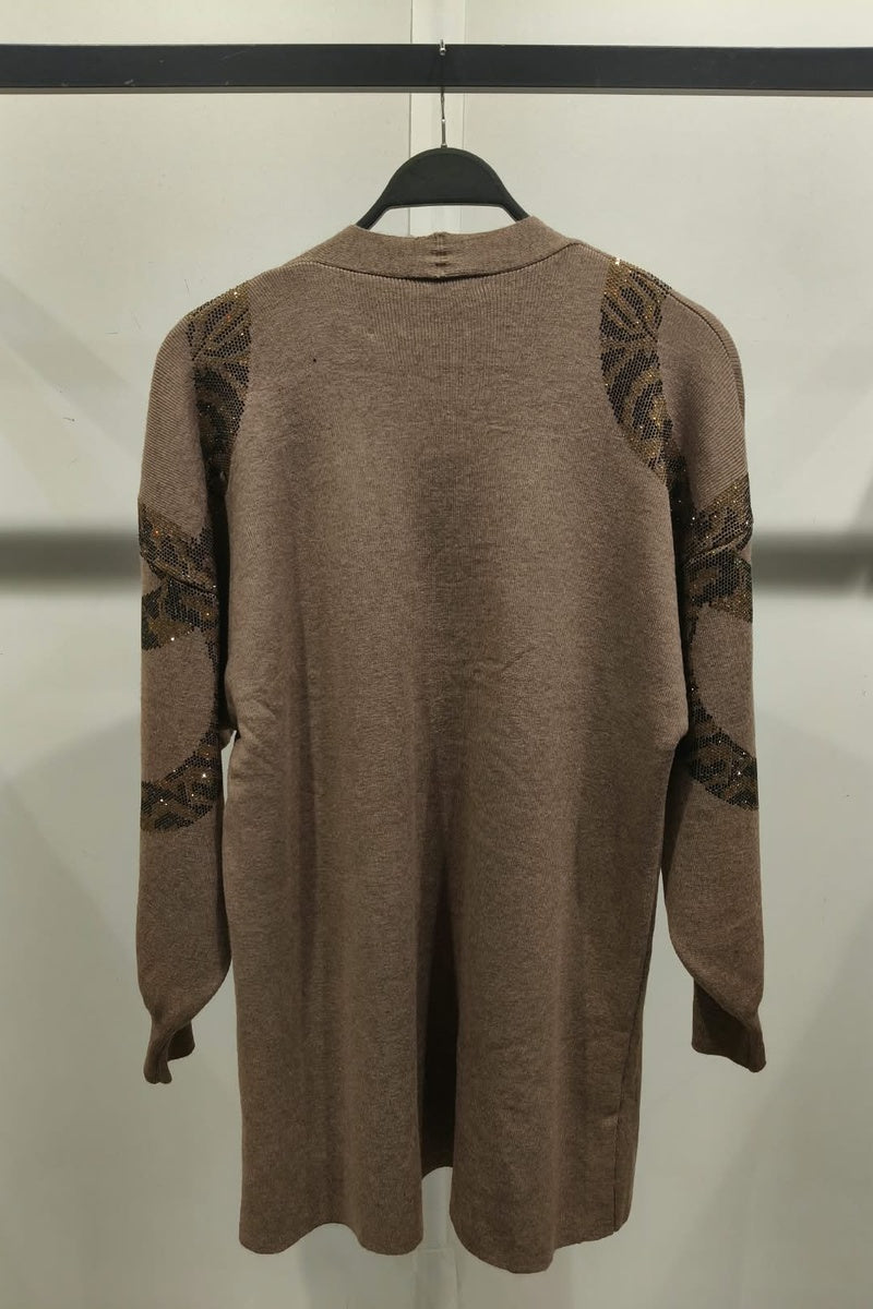 Gilet long à motif strass élégant avec poches et broche