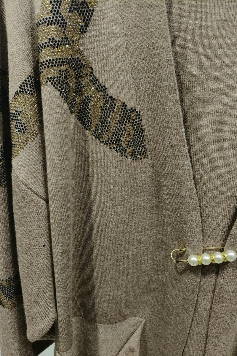 Gilet long à motif strass élégant avec poches et broche