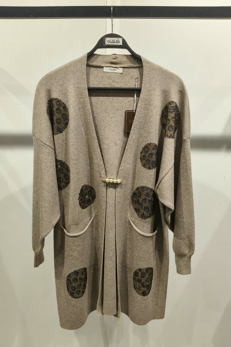 Gilet long à motif strass élégant avec poches et broche