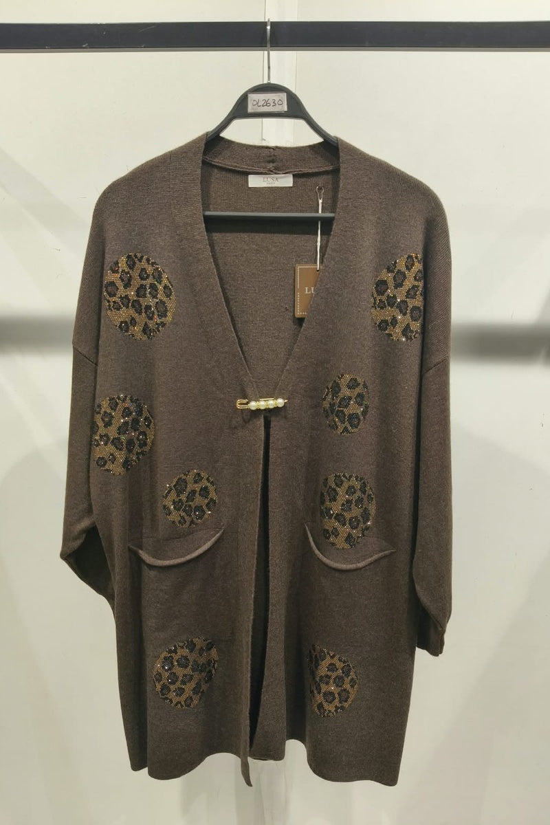 Gilet long à motif strass élégant avec poches et broche