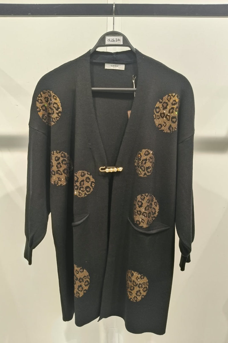 Gilet long à motif strass élégant avec poches et broche