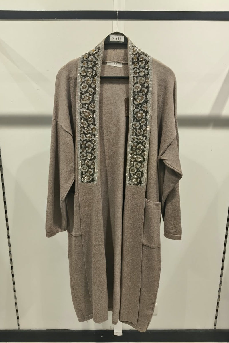 Gilet long à motif strass élégant avec poches et broche