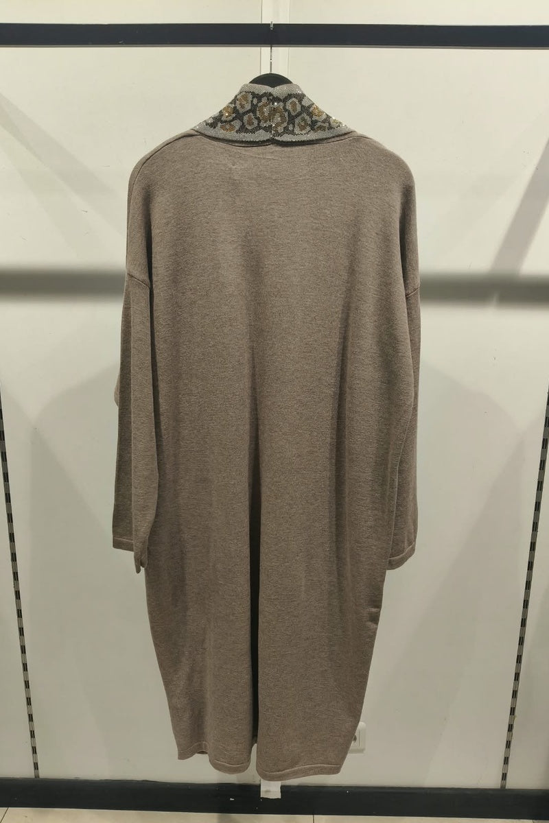 Gilet long à motif strass élégant avec poches et broche
