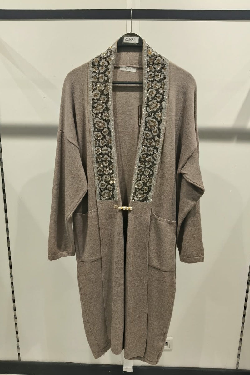 Gilet long à motif strass élégant avec poches et broche