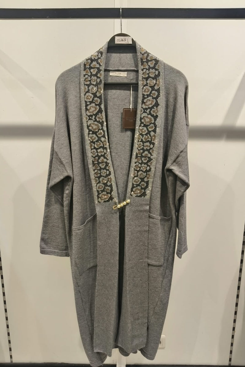 Gilet long à motif strass élégant avec poches et broche
