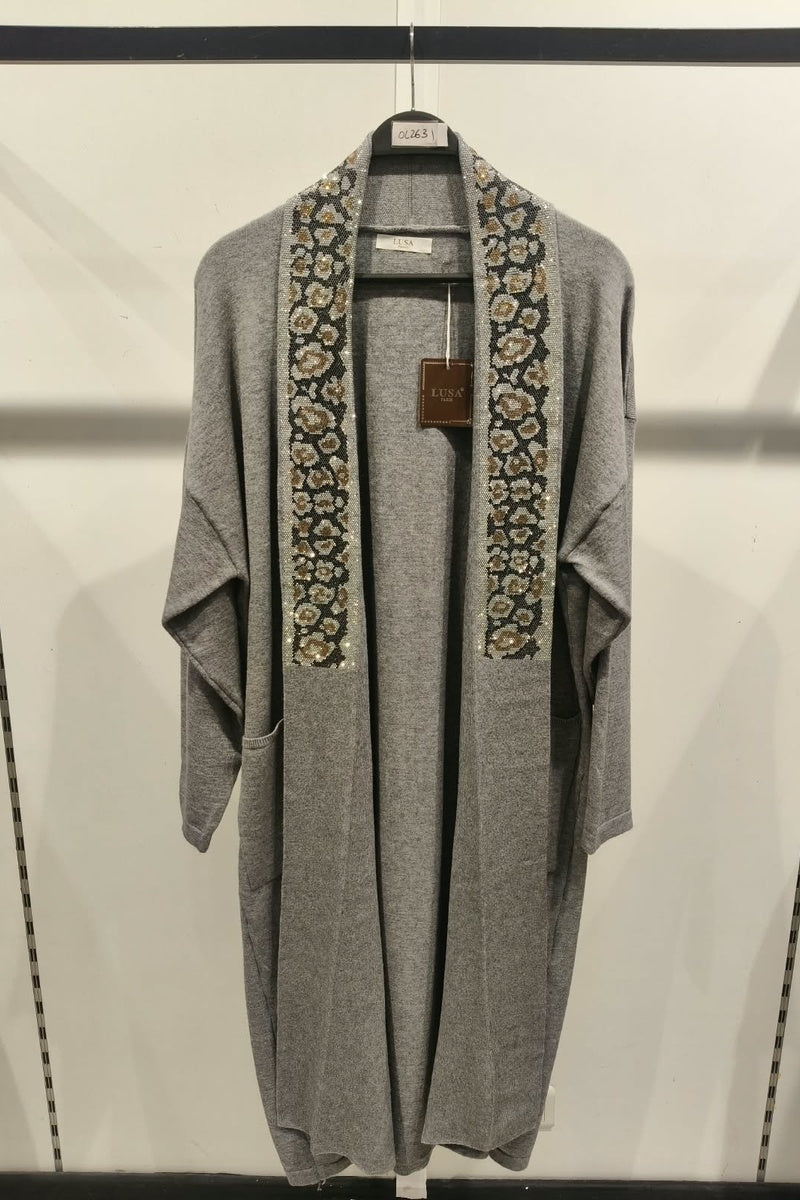 Gilet long à motif strass élégant avec poches et broche