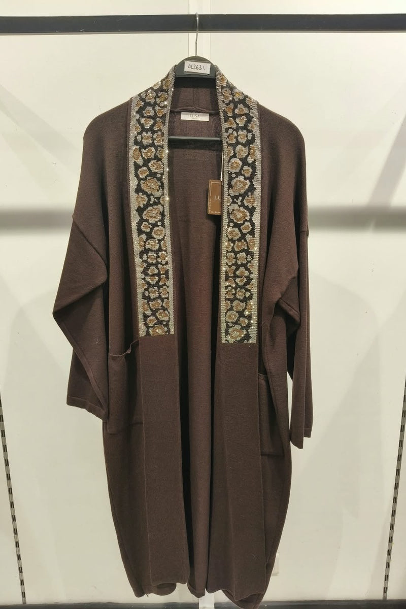 Gilet long à motif strass élégant avec poches et broche