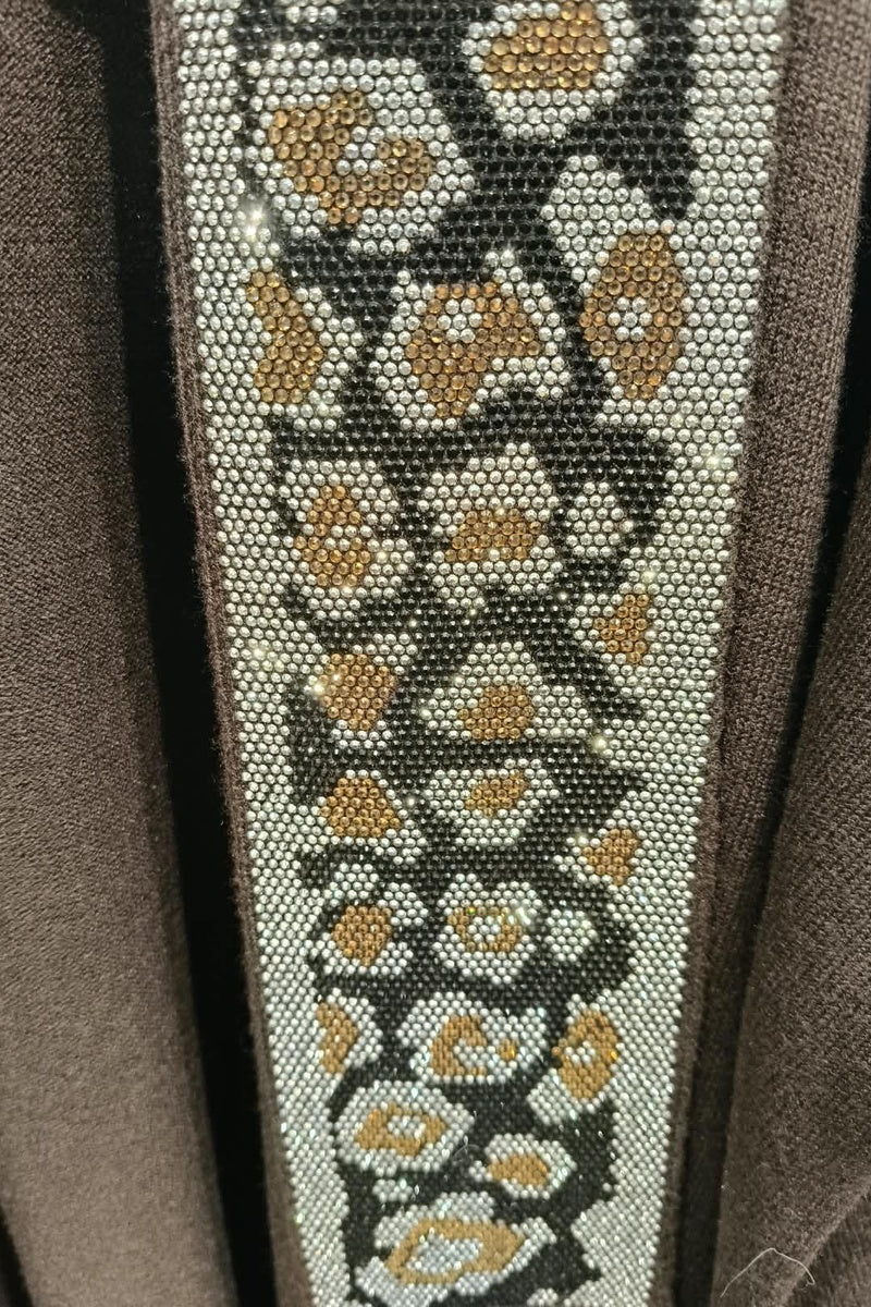 Gilet long à motif strass élégant avec poches et broche