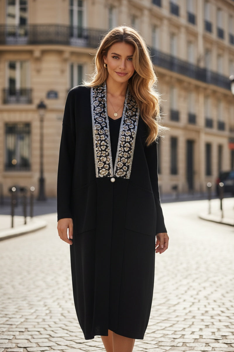 Gilet long à motif strass élégant avec poches et broche