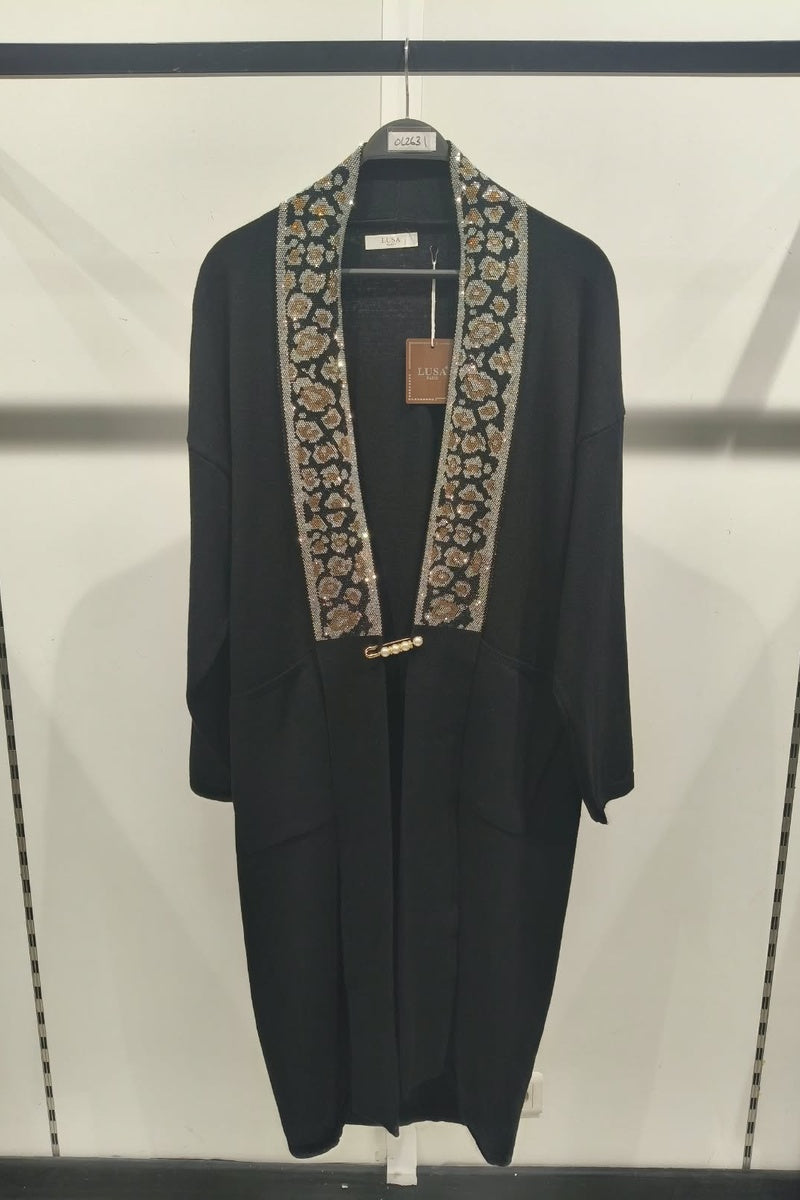 Gilet long à motif strass élégant avec poches et broche