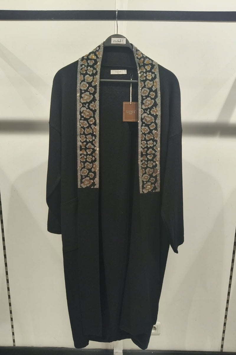 Gilet long à motif strass élégant avec poches et broche