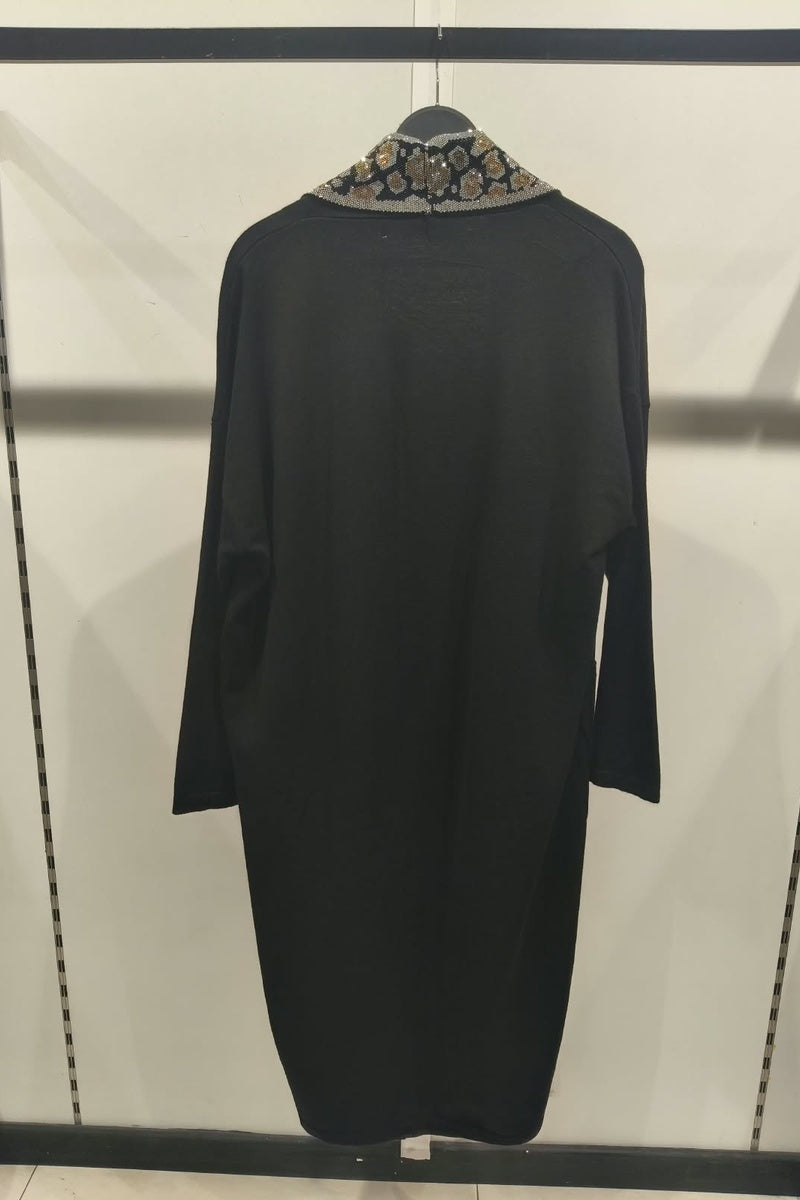 Gilet long à motif strass élégant avec poches et broche
