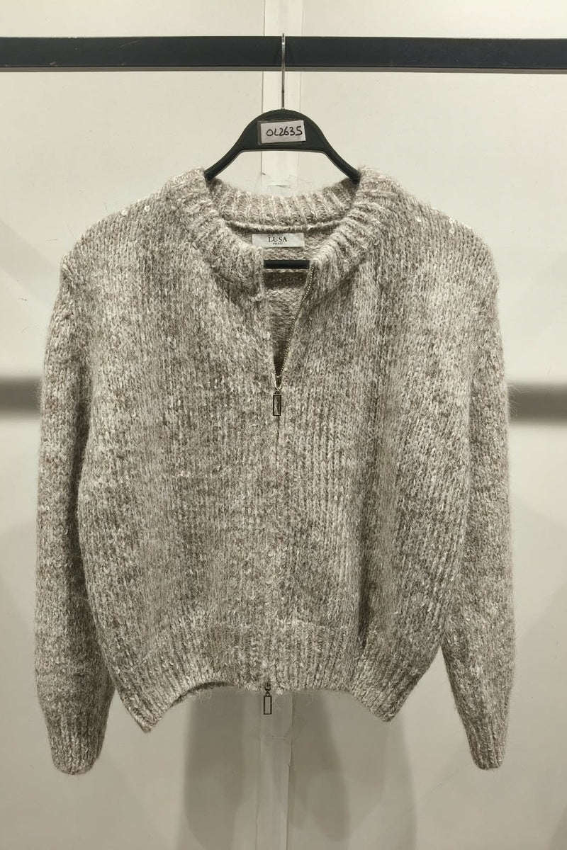 Gilet court zippé scintillant en maille duveteuse, idéal pour un look tendance en discothèque