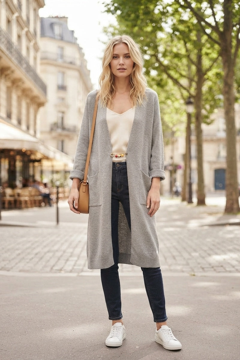 Gilet long uni en maille avec poches