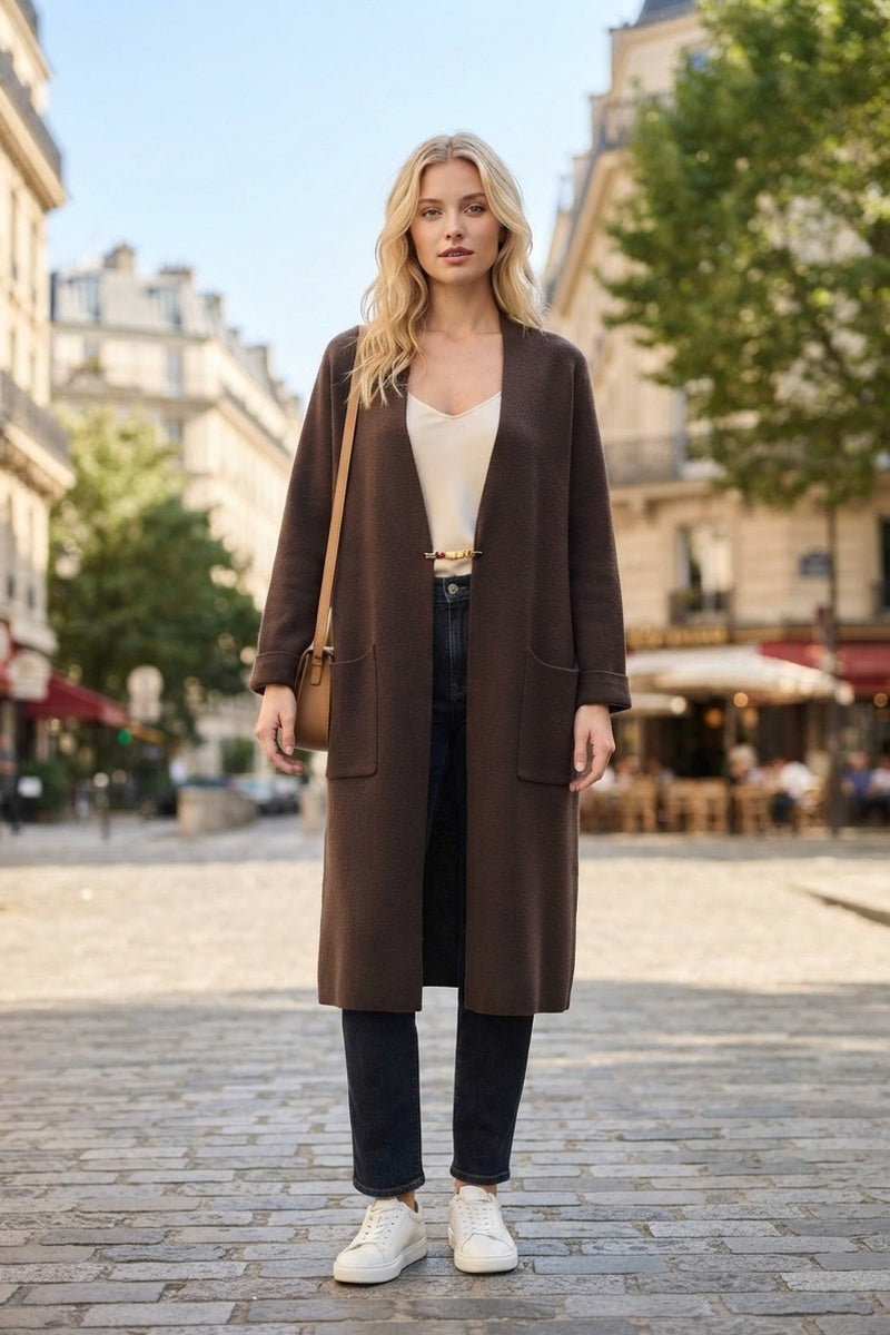 Gilet long uni en maille avec poches
