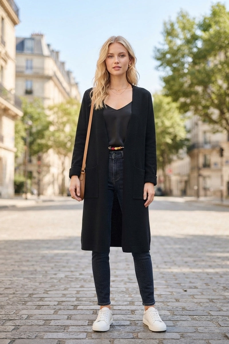 Gilet long uni en maille avec poches