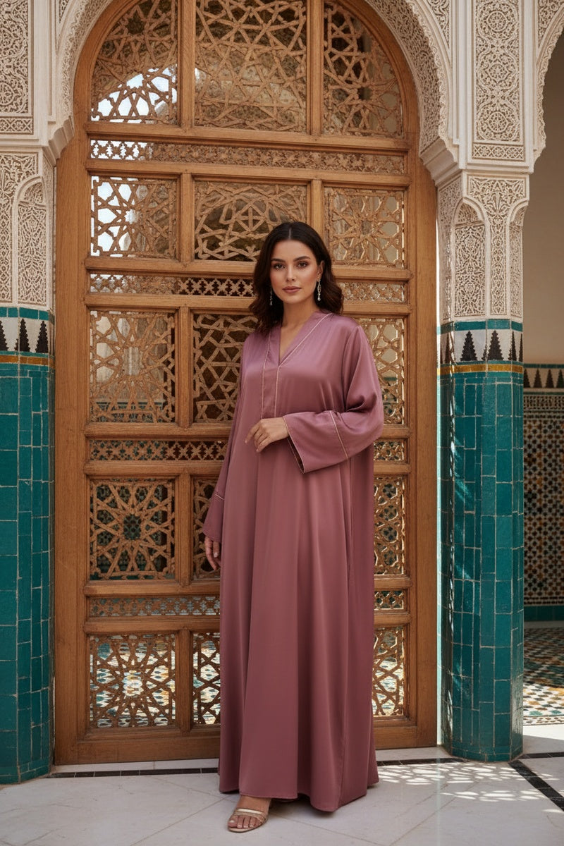 Robe abaya longue unie satinée élégante avec ceinture