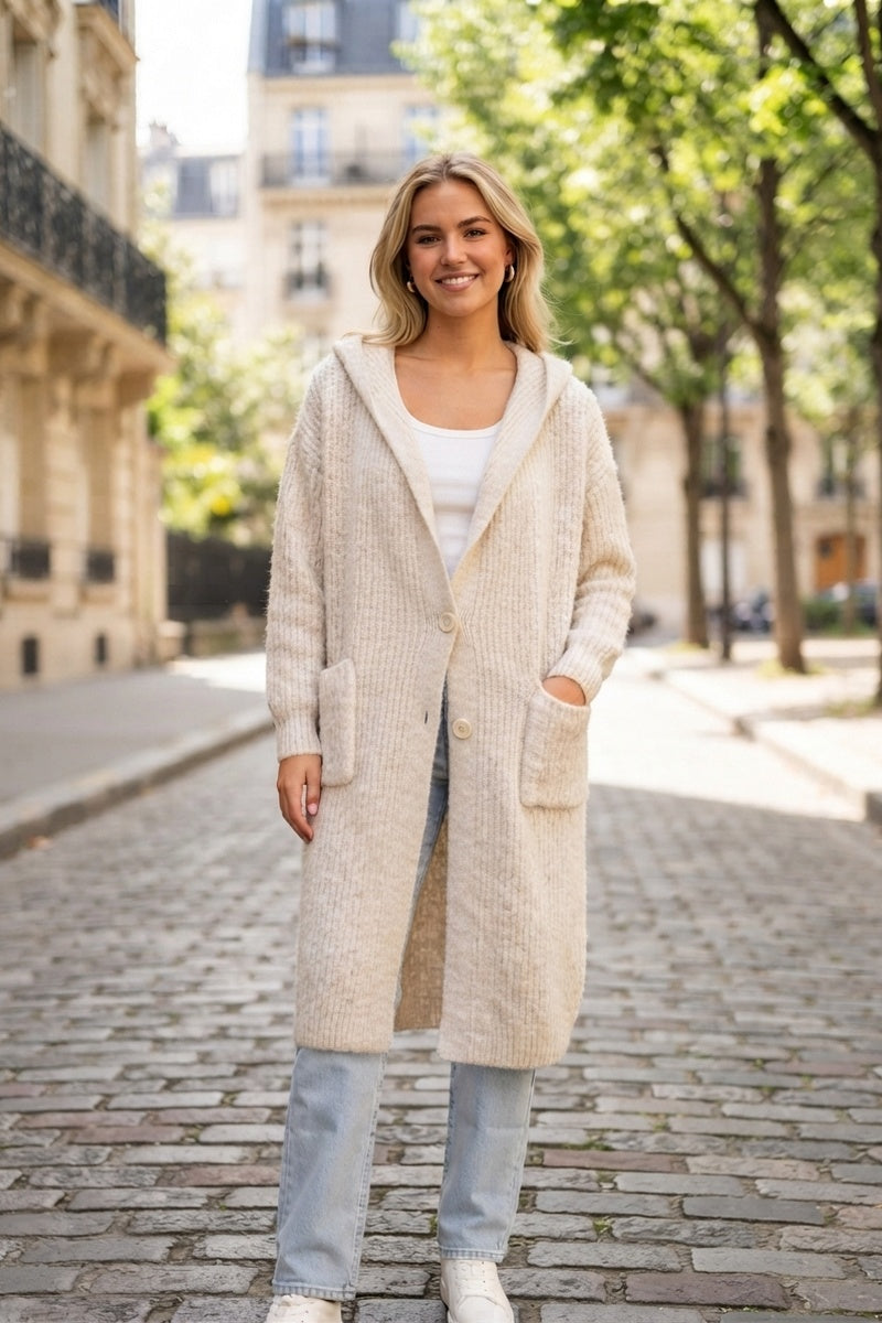 Long cardigan chiné à capuche, boutons et poches