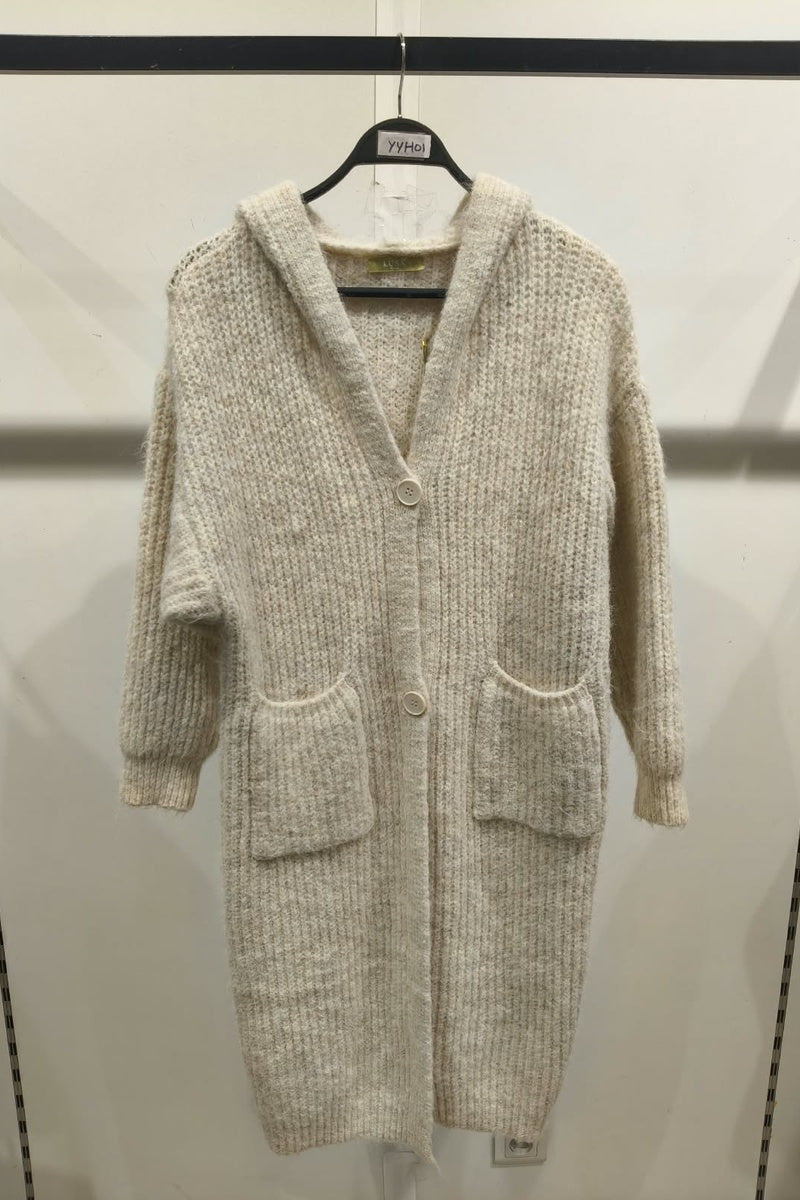 Long cardigan chiné à capuche, boutons et poches