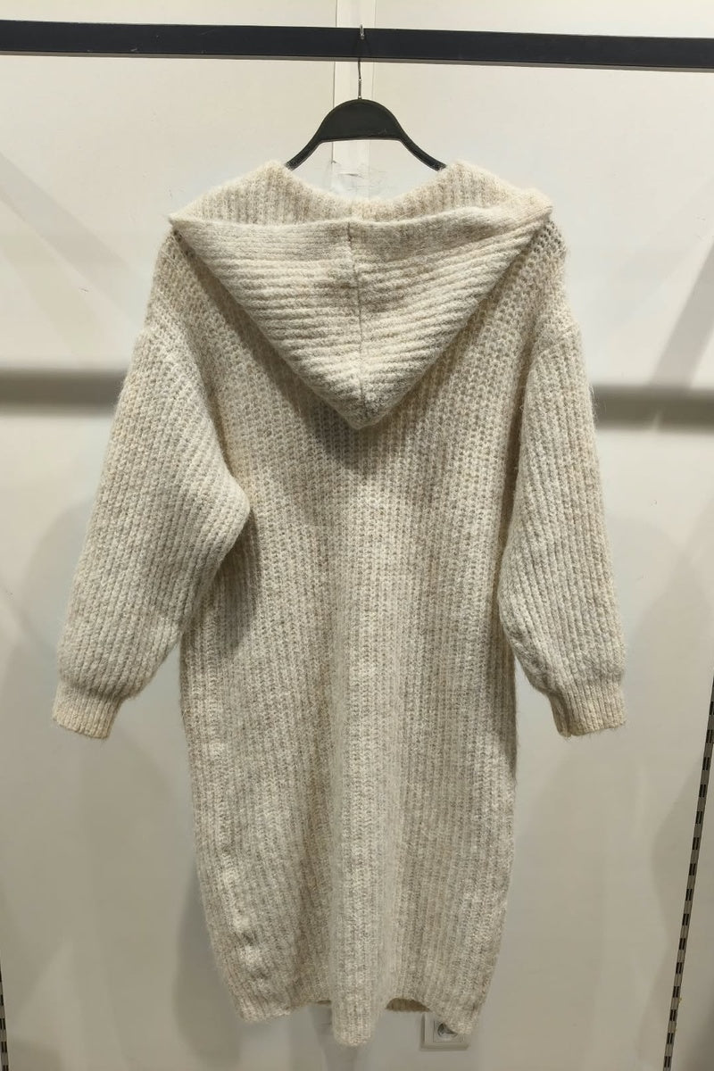 Long cardigan chiné à capuche, boutons et poches