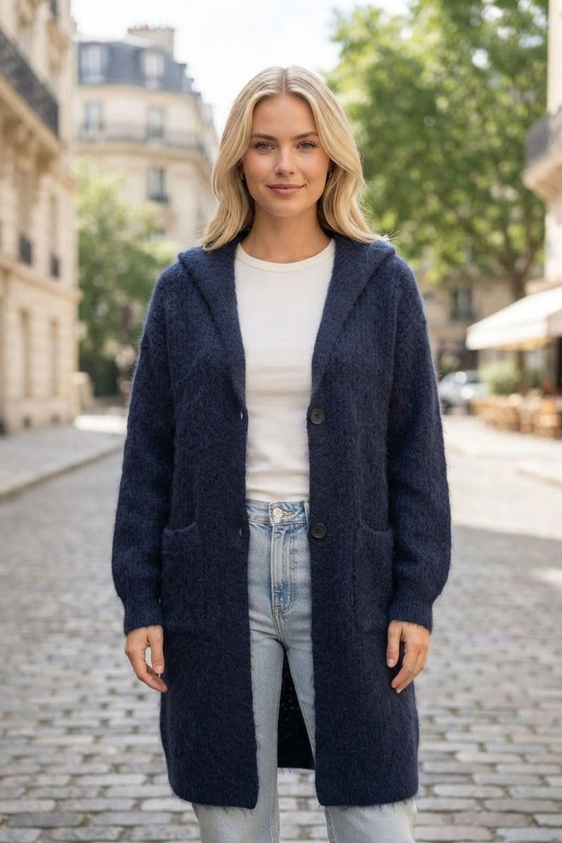 Long cardigan chiné à capuche, boutons et poches