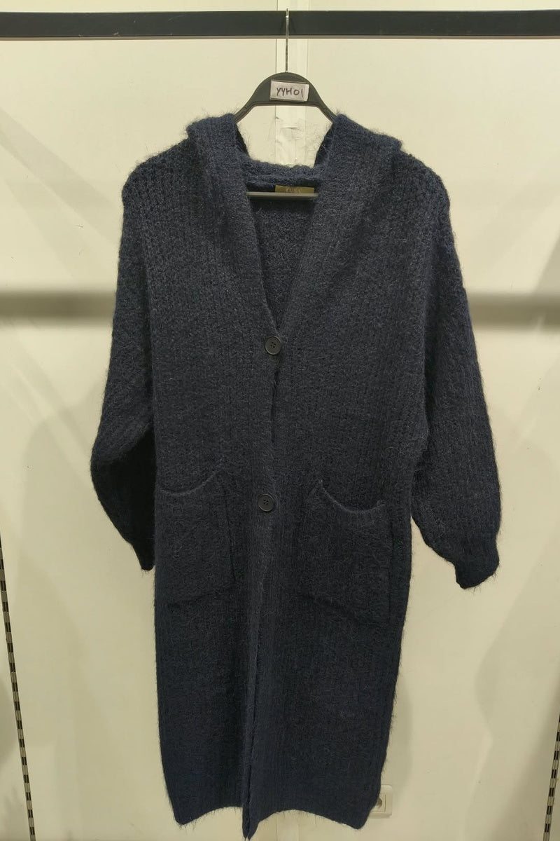 Long cardigan chiné à capuche, boutons et poches
