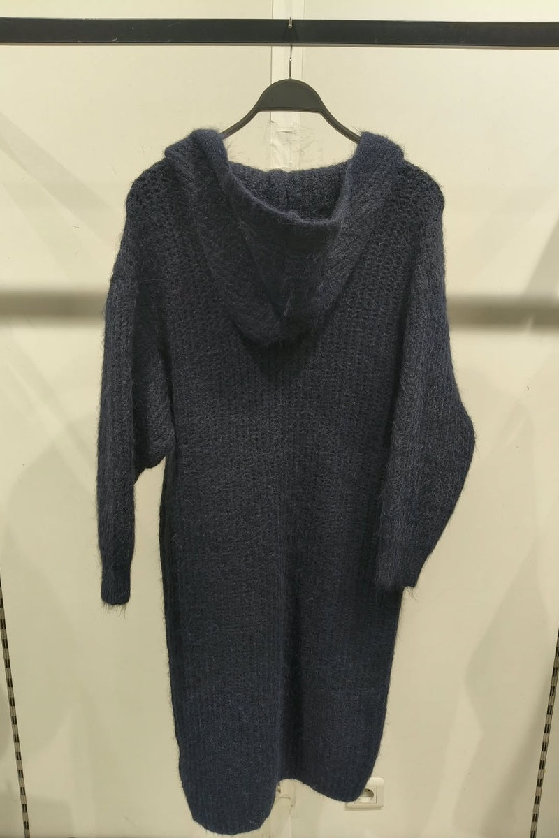 Long cardigan chiné à capuche, boutons et poches