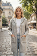 Long cardigan chiné à capuche, boutons et poches