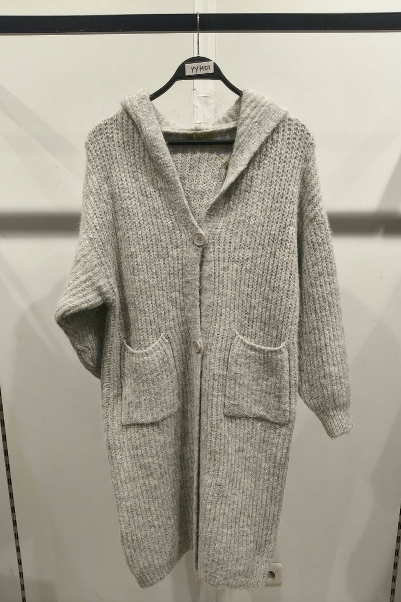 Long cardigan chiné à capuche, boutons et poches