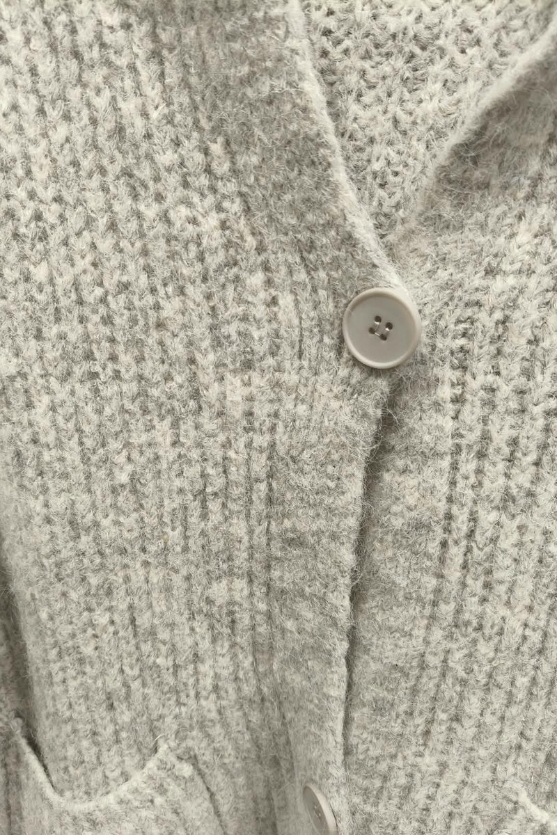 Long cardigan chiné à capuche, boutons et poches