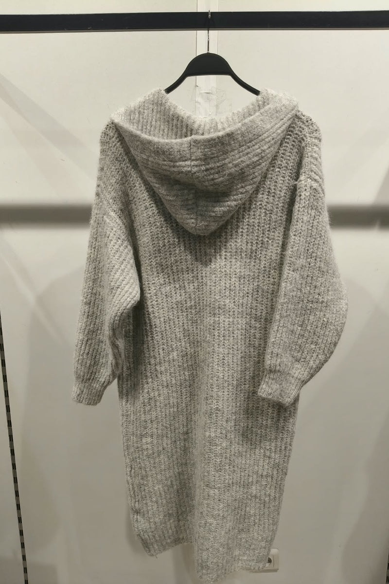 Long cardigan chiné à capuche, boutons et poches