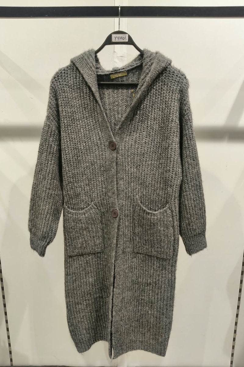 Long cardigan chiné à capuche, boutons et poches