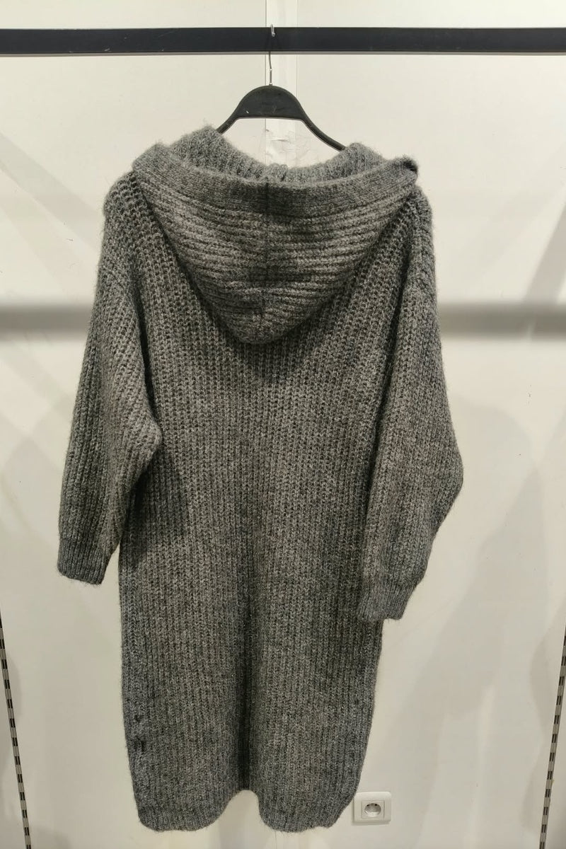 Long cardigan chiné à capuche, boutons et poches