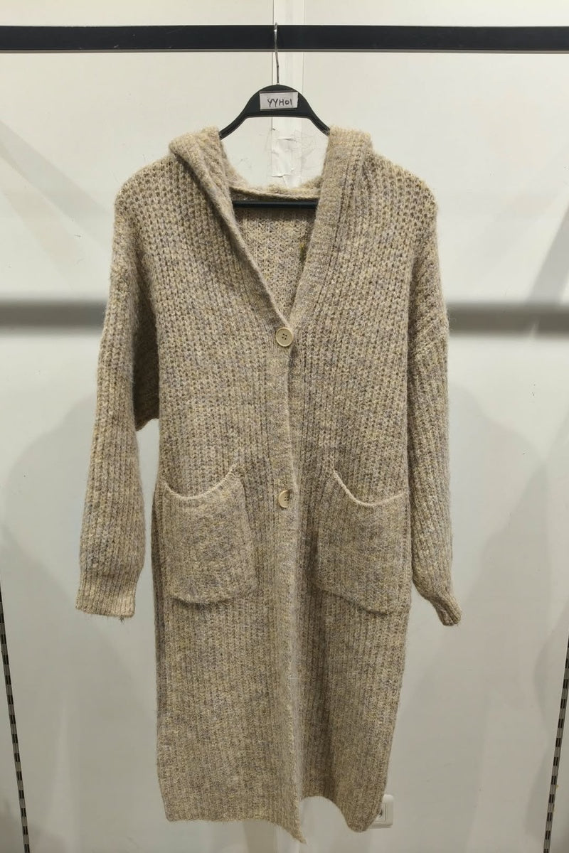 Long cardigan chiné à capuche, boutons et poches