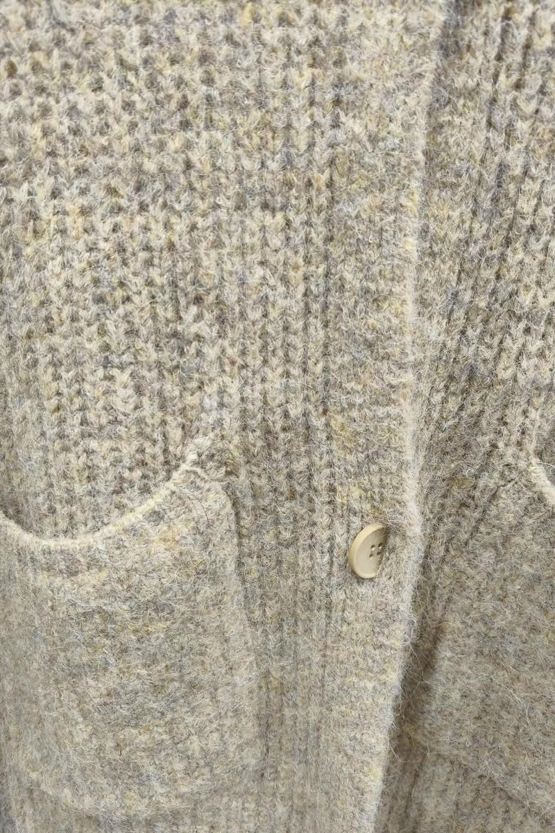 Long cardigan chiné à capuche, boutons et poches