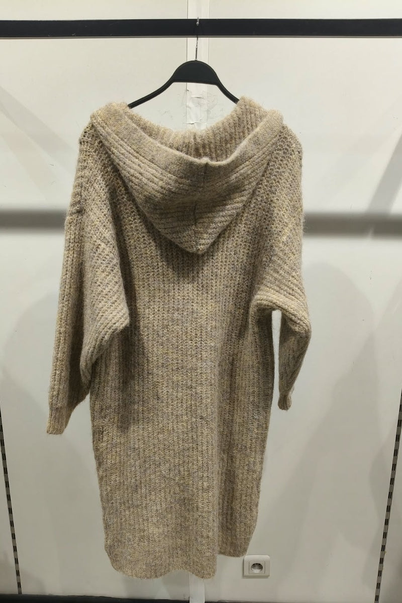 Long cardigan chiné à capuche, boutons et poches