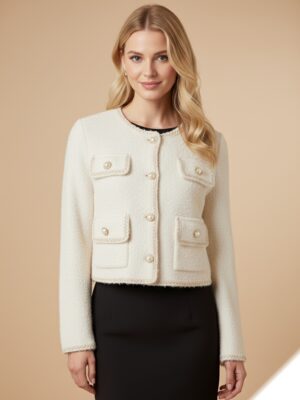 Veste courte fausse fourrure avec boutons perlée 128