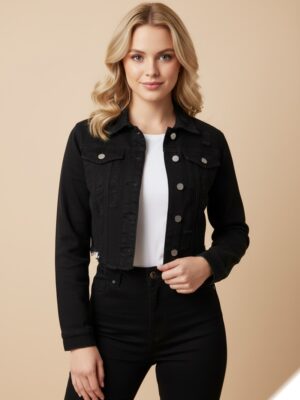 Veste jean courte déchirée strech deux poche L8815-1
